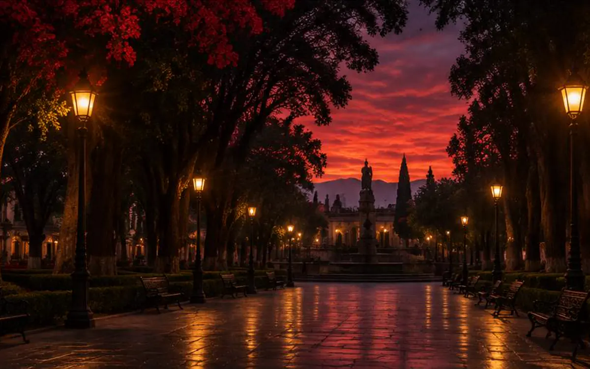 Alameda arbolada de Toluca al atardecer con faroles encendidos