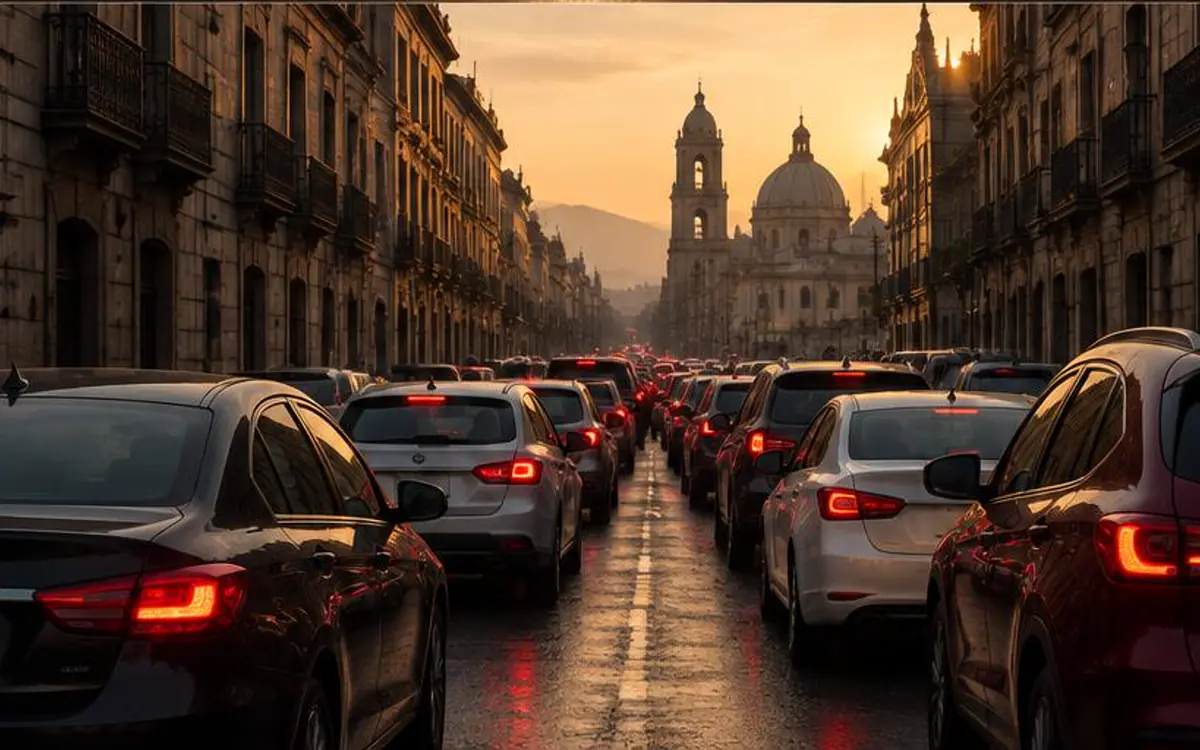 Calle del centro llena de automóviles y sin espacios libres