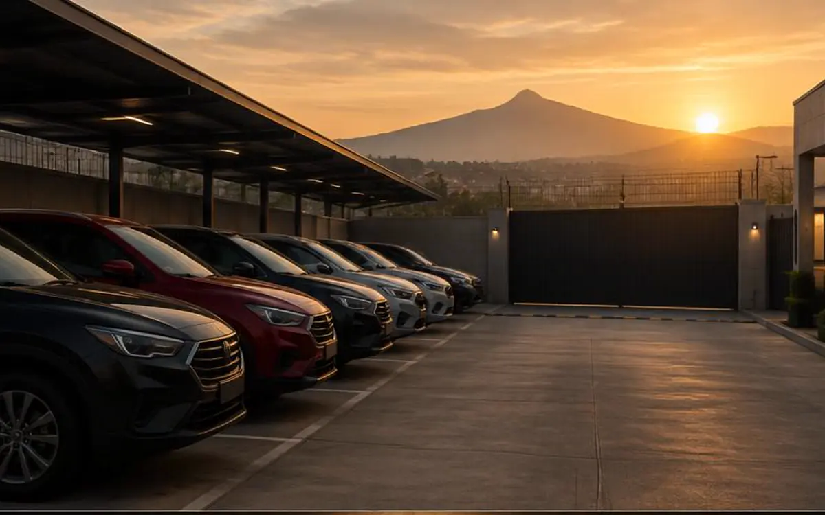 Automóviles ordenados dentro de un estacionamiento al amanecer