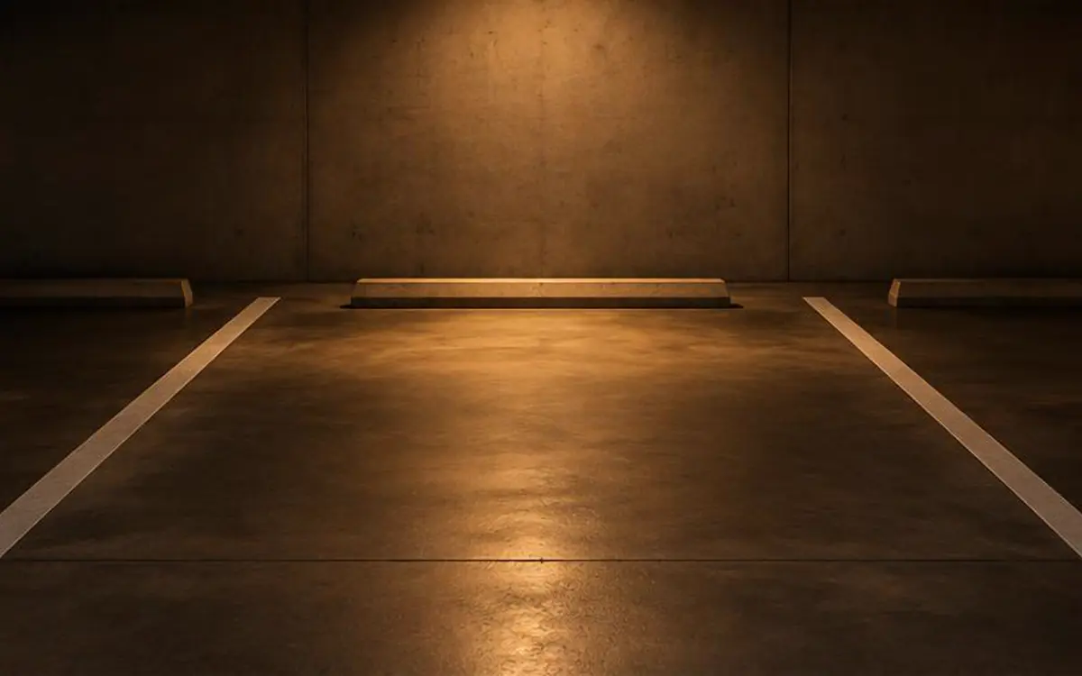 Cajón de estacionamiento vacío y bien delimitado bajo luz cálida