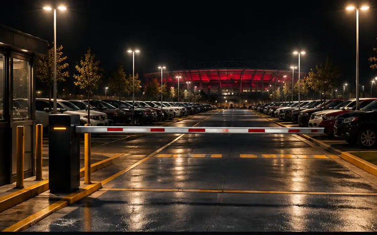 Estacionamiento público iluminado de noche con acceso controlado