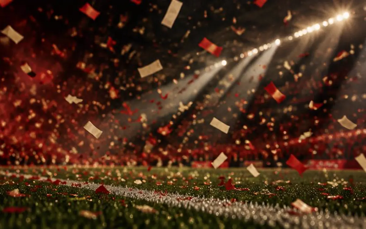 Confeti rojo y crema cayendo sobre el borde de una cancha