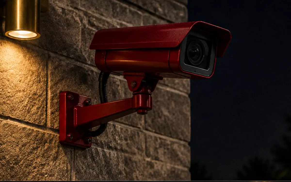 Cámara de seguridad instalada sobre un muro iluminado
