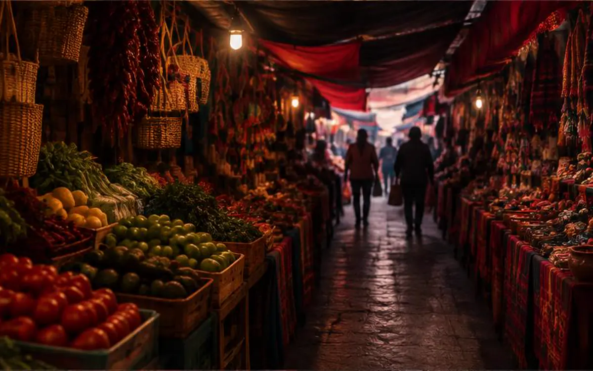 Pasillo de mercado tradicional con frutas y artesanías